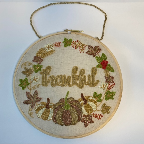 Embroidery Hoop Wall Hanging “Thankful” Wheat Material Stunning Bead Work - Picture 5 of 6